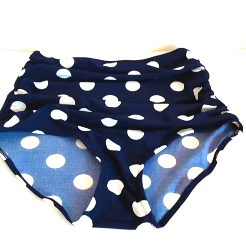 HIGH-WAIST RUCHED BIKINI BOTTOMS NAVY BLUE WHITE POLKADOTS SIZE SMALL NWOT